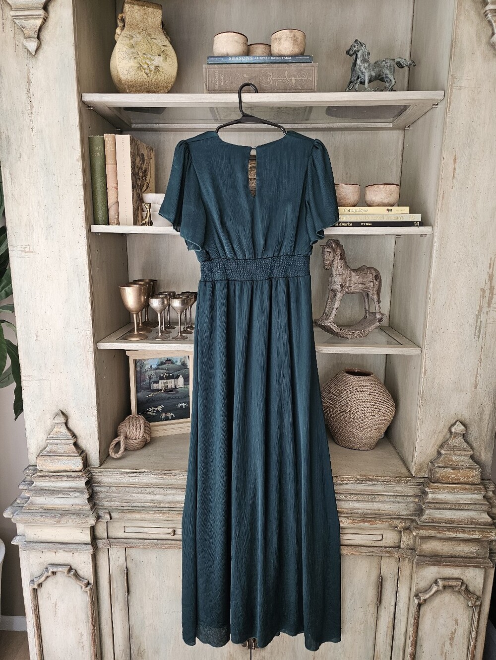 Baltic Born Prague Satin Smocked Empire Waist Maxi Dress Dark Green M - Picture 9 of 13